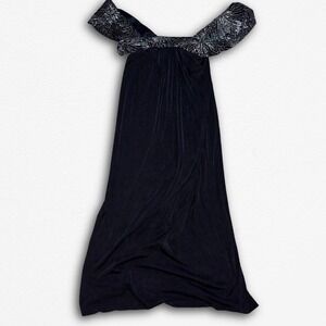 Vintage Black Off Shoulder Maxi Dress Formal Evening Gown Iridescent Silver